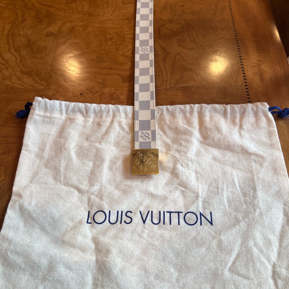 Louis Vuitton White and Blue Checkered Belt with Gold Buckle